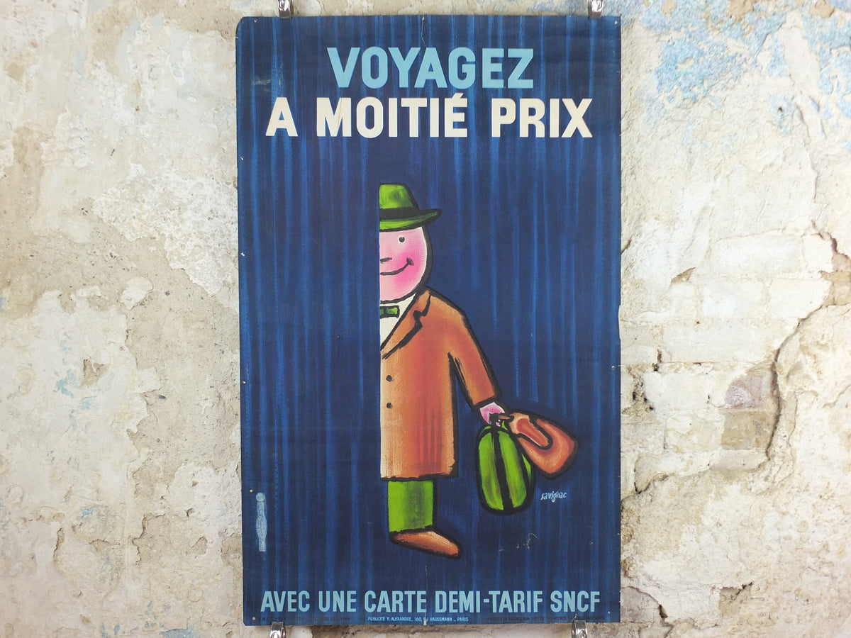 SNCF Savignac Poster, 1964 Original French National Railways, Half Price Fare Journeys, advertising wall art retro decor