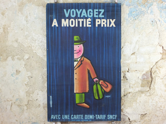 SNCF Savignac Poster, 1964 Original French National Railways, Half Price Fare Journeys, advertising wall art retro decor