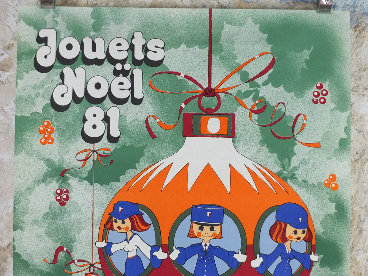 1981 Police Christmas Ball Poster, original French Jouets Noel 81, bauble decoration, by Y Peyre, Paris dance ballroom ball, wall art decor
