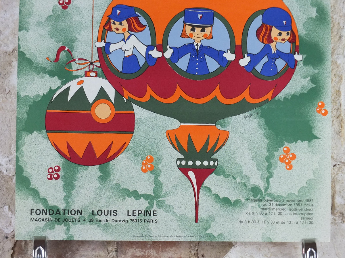 1981 Police Christmas Ball Poster, original French Jouets Noel 81, bauble decoration, by Y Peyre, Paris dance ballroom ball, wall art decor