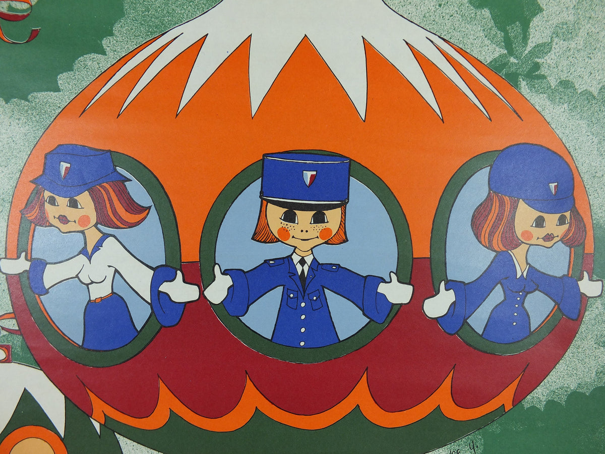 1981 Police Christmas Ball Poster, original French Jouets Noel 81, bauble decoration, by Y Peyre, Paris dance ballroom ball, wall art decor