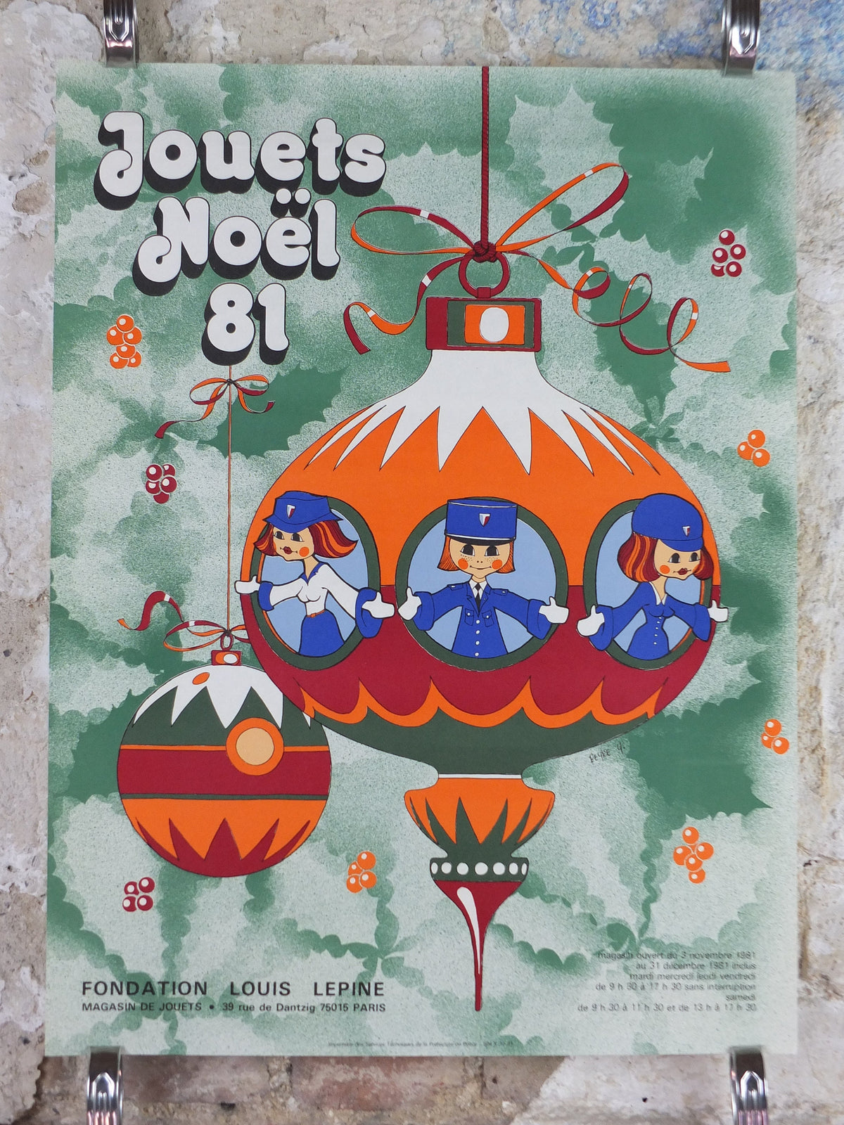 1981 Police Christmas Ball Poster, original French Jouets Noel 81, bauble decoration, by Y Peyre, Paris dance ballroom ball, wall art decor