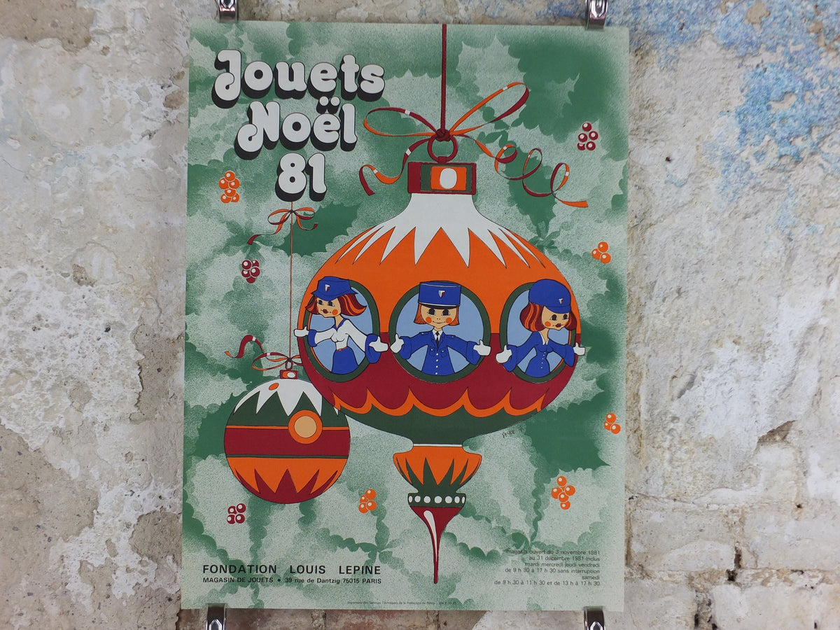 1981 Police Christmas Ball Poster, original French Jouets Noel 81, bauble decoration, by Y Peyre, Paris dance ballroom ball, wall art decor