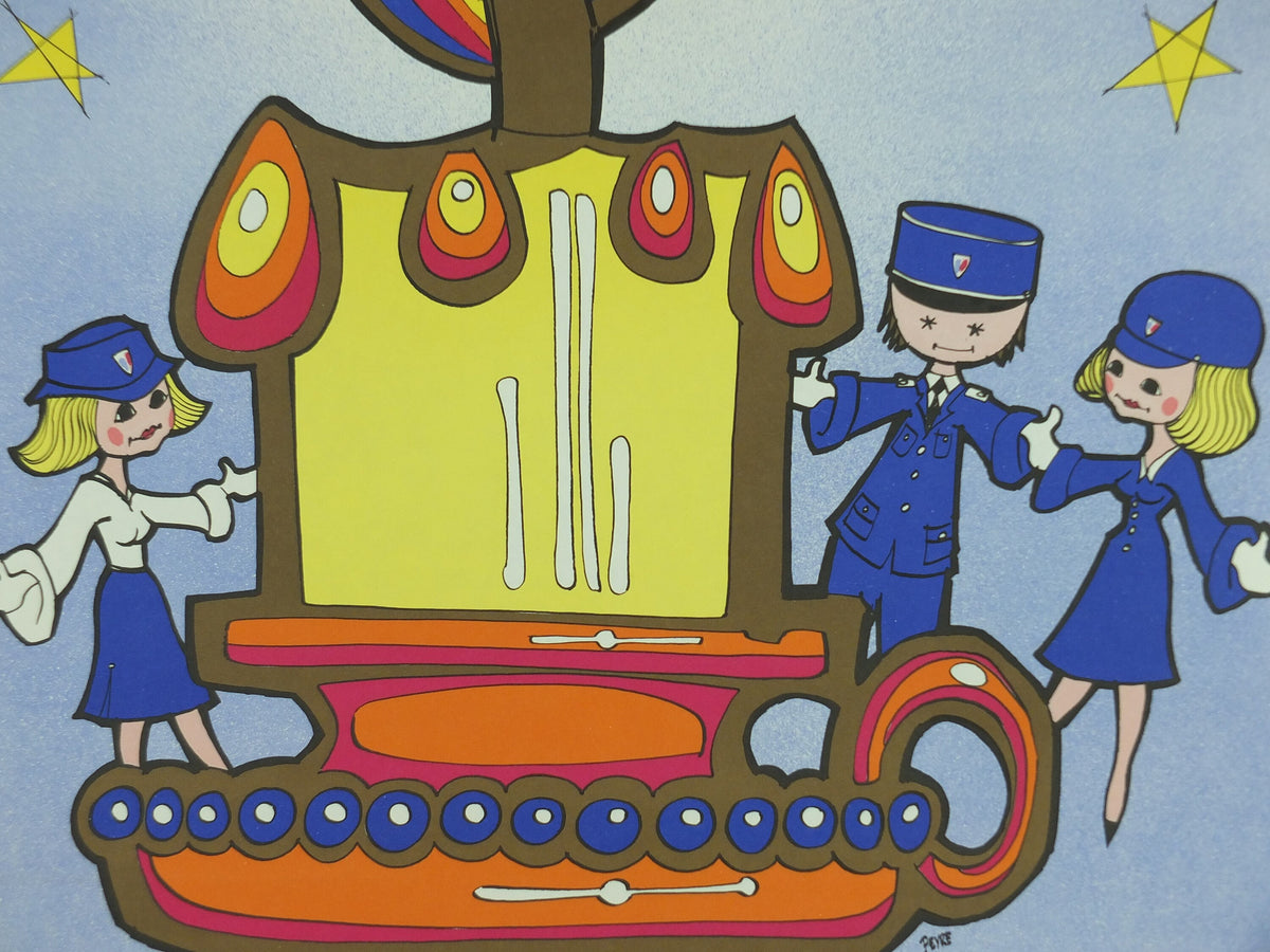 1980 Police Christmas Ball Poster, original French Jouets Noel 80, candle policewoman, by Y Peyre, Paris dance ballroom ball, wall art decor