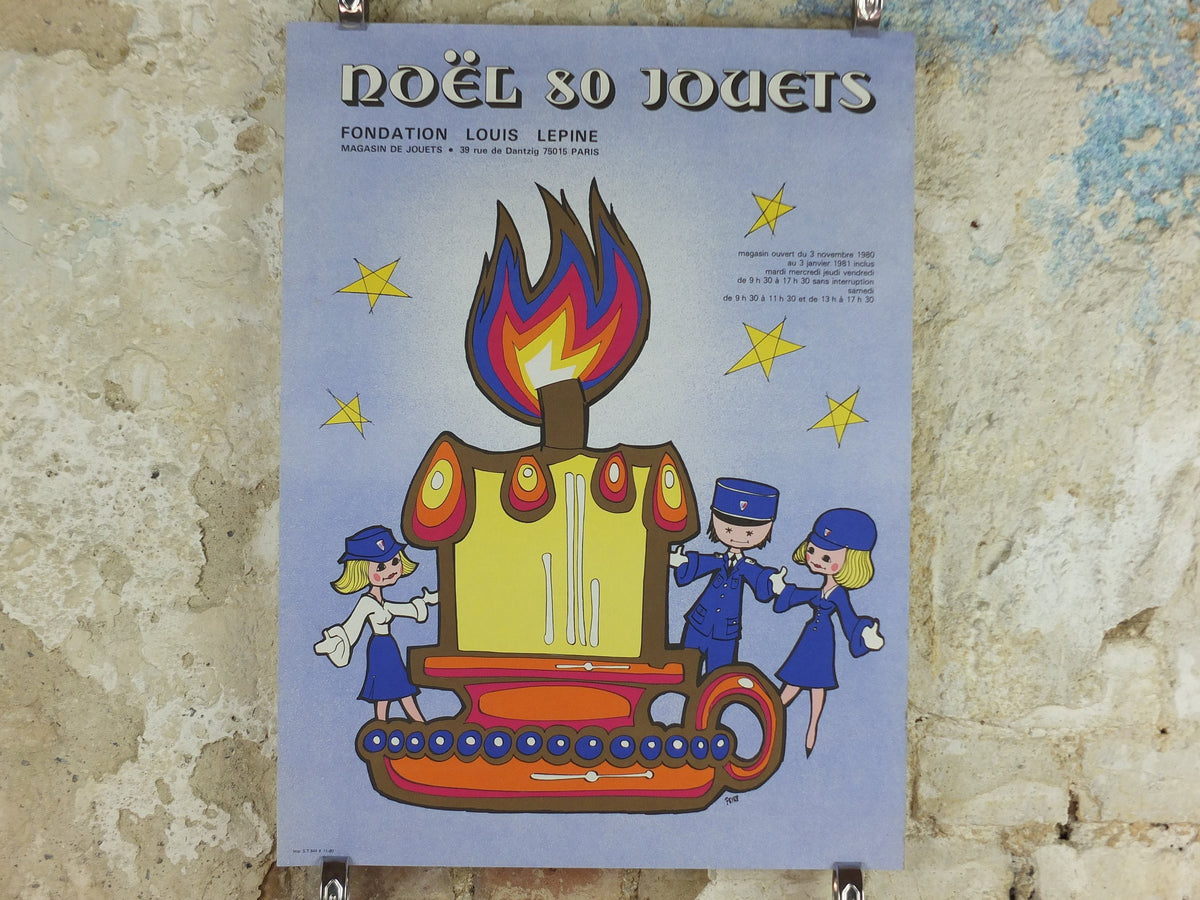 1980 Police Christmas Ball Poster, original French Jouets Noel 80, candle policewoman, by Y Peyre, Paris dance ballroom ball, wall art decor