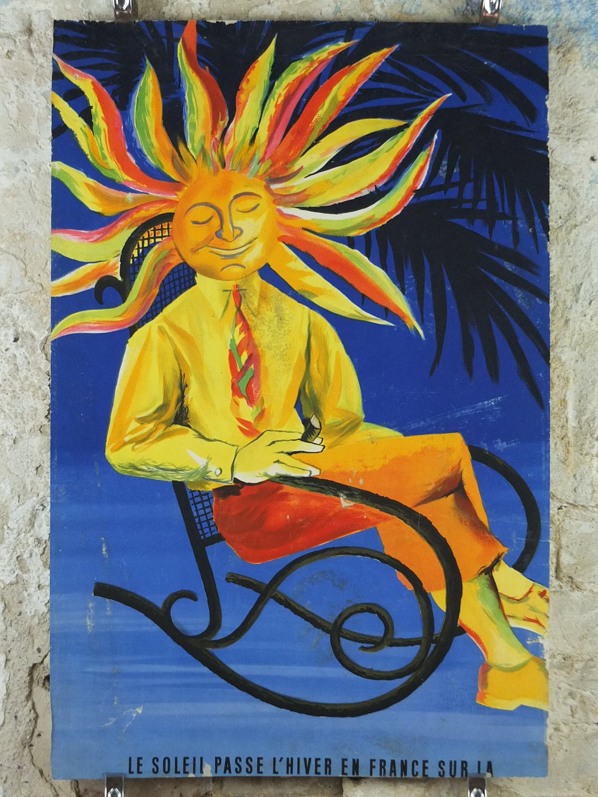 1950s Sun French Riviera Poster, trimmed travel poster from Côte d'Azur, by Jacques Dubois, sitting sun, blue & yellow, wall art retro decor