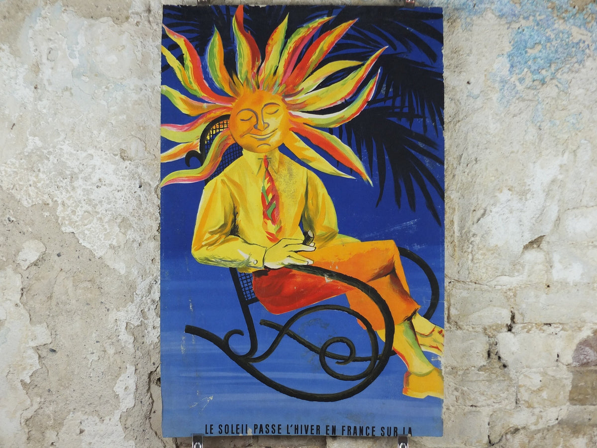 1950s Sun French Riviera Poster, trimmed travel poster from Côte d'Azur, by Jacques Dubois, sitting sun, blue & yellow, wall art retro decor