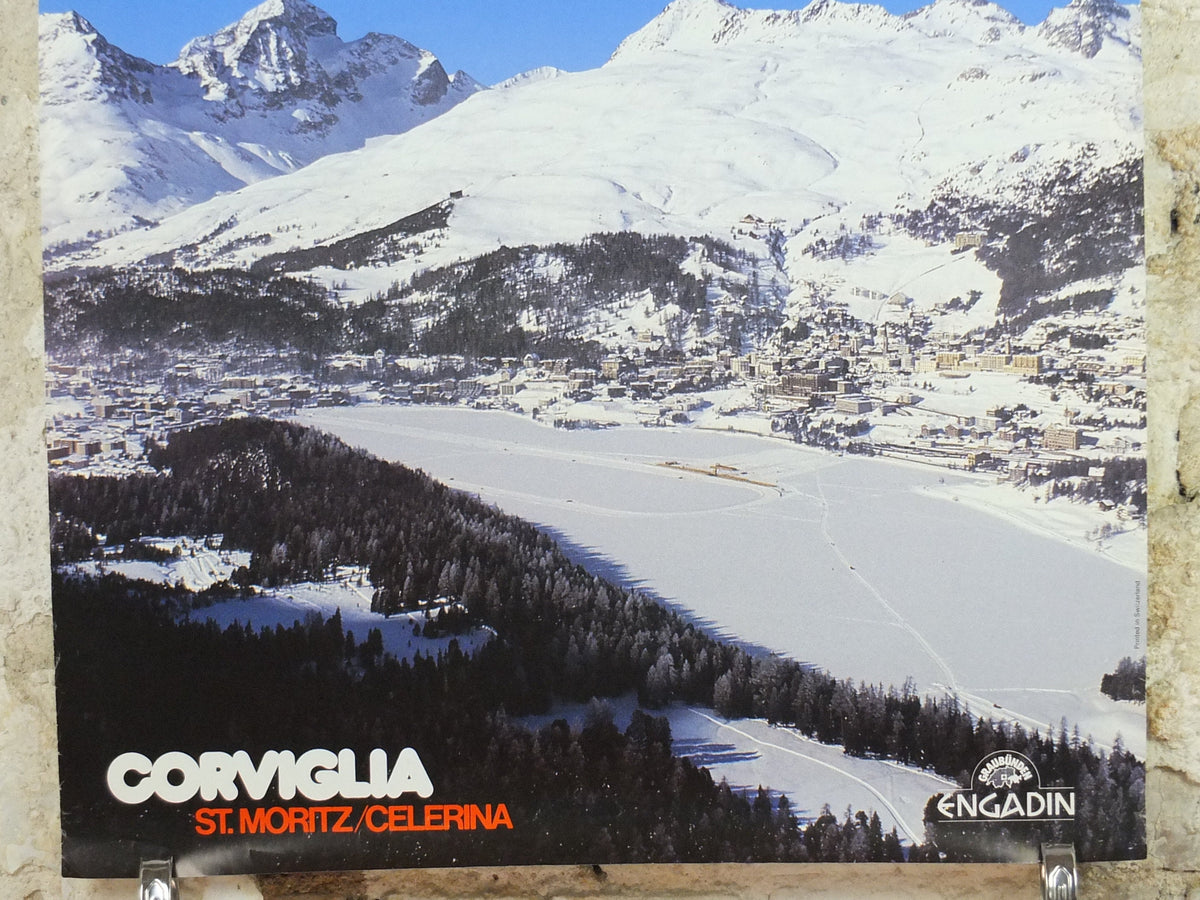 1968 St Moritz Skiing Poster, Engadin, Corviglia Celerina, Snow, Switzerland, Suisse, Schweiz, mountain tourism ski vacation wall art decor