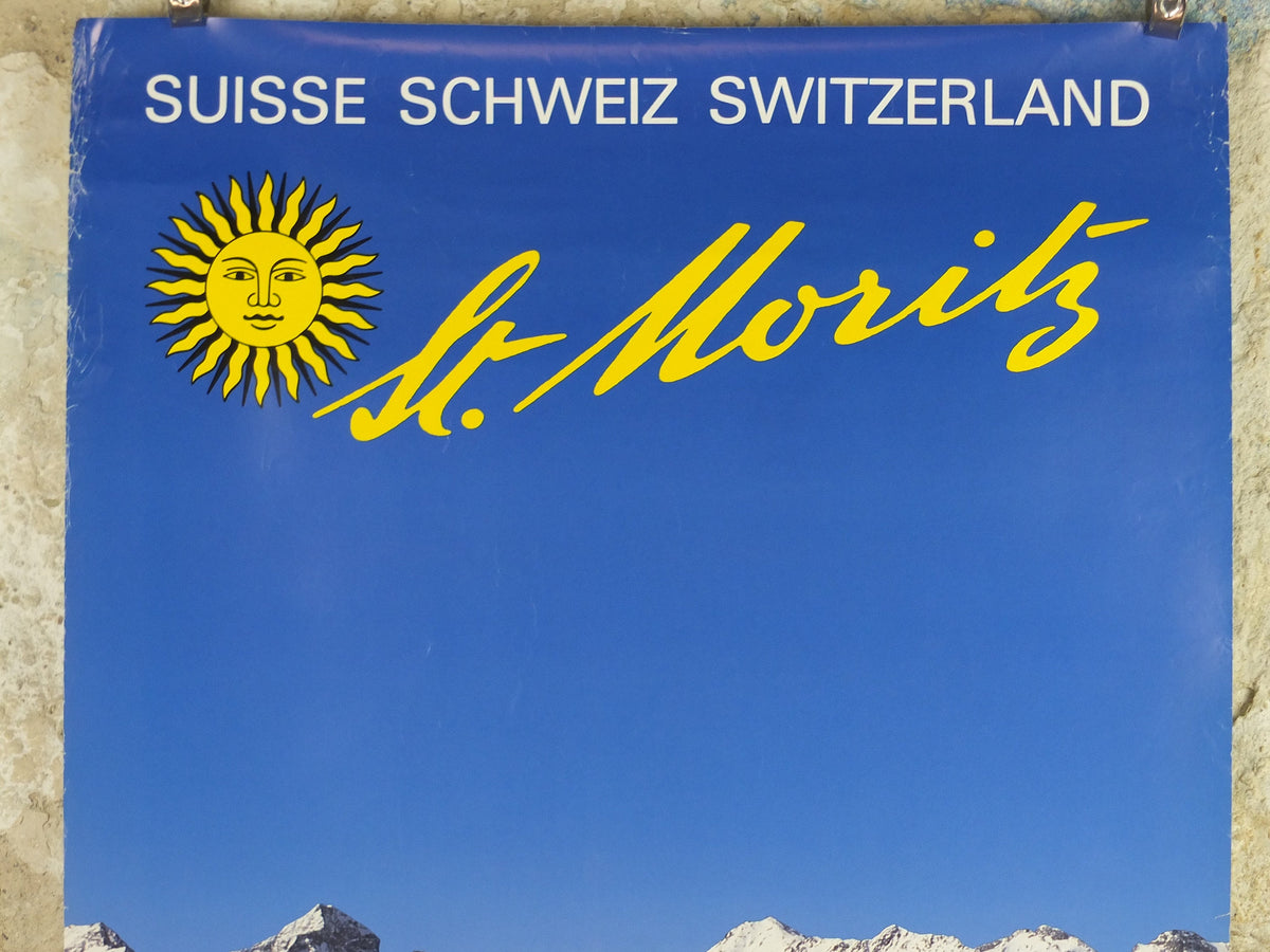 1968 St Moritz Skiing Poster, Engadin, Corviglia Celerina, Snow, Switzerland, Suisse, Schweiz, mountain tourism ski vacation wall art decor