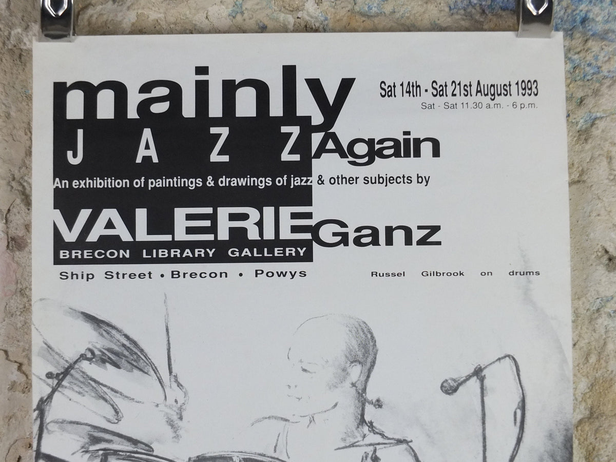 1993 Mainly Jazz Again Poster, Russel Gilbrook on drums, jazz music, by Valerie Ganz, at the Brecon Library Gallery, wall art decor
