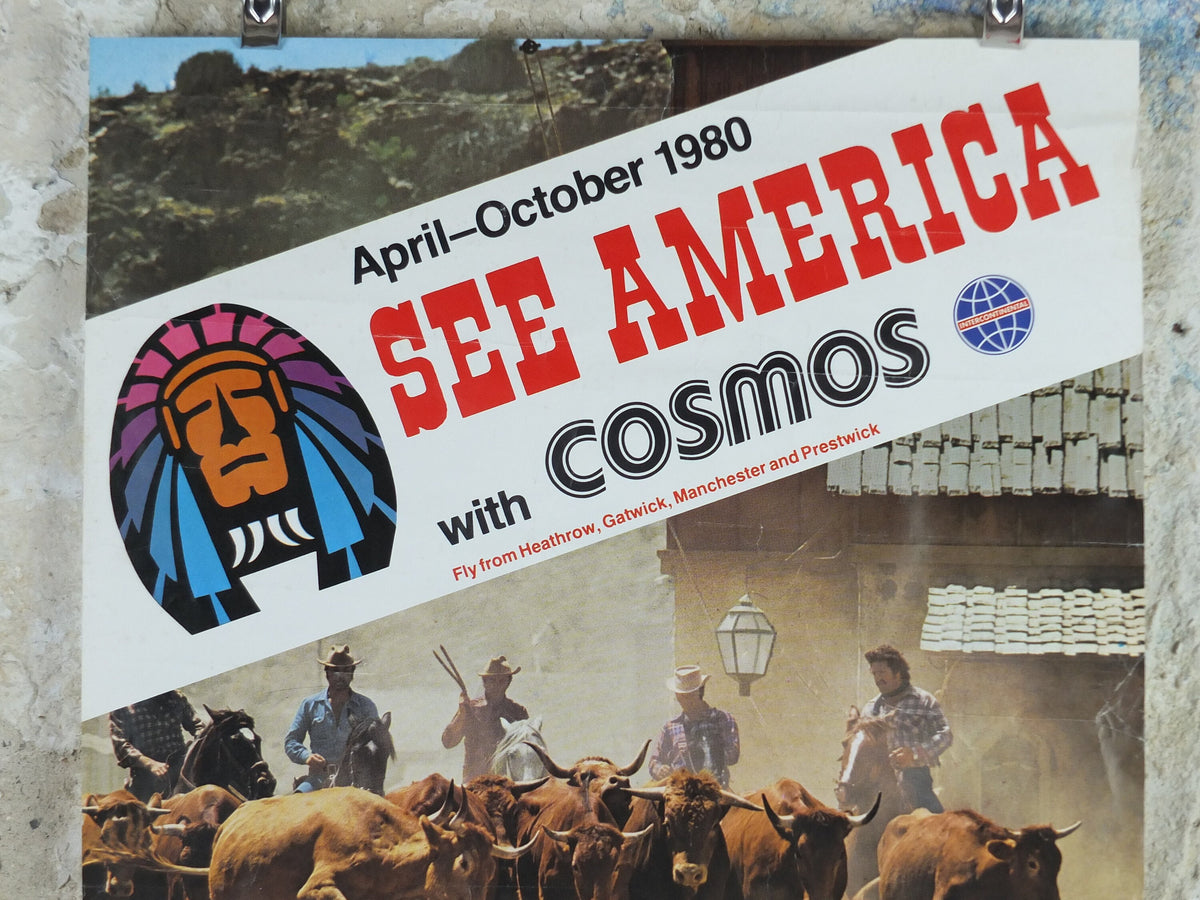 1980 USA Travel Poster, Cosmos Tours, United States of America, New York, ranch, Grand Canyon, tourism vacation wall art decor