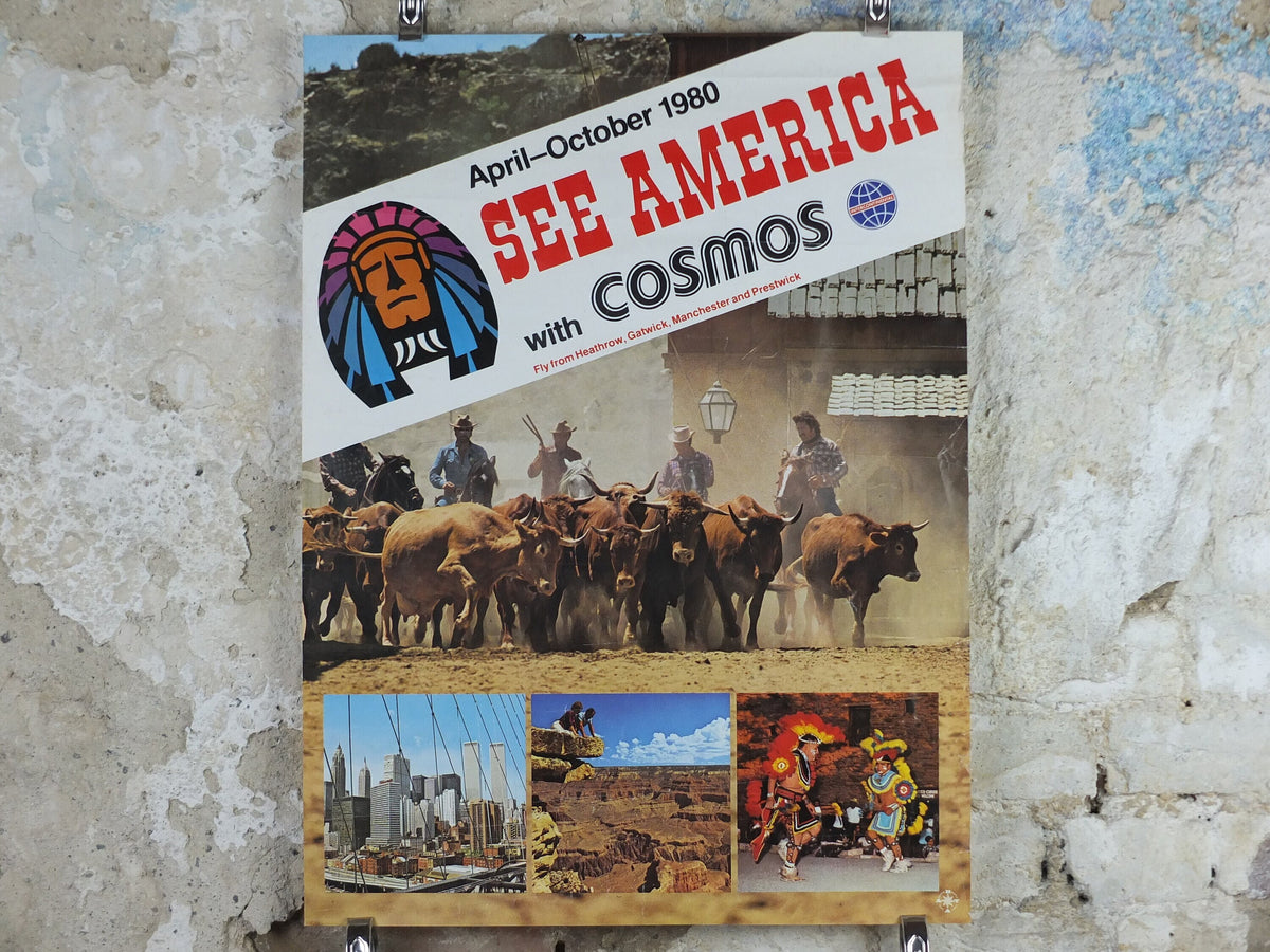 1980 USA Travel Poster, Cosmos Tours, United States of America, New York, ranch, Grand Canyon, tourism vacation wall art decor