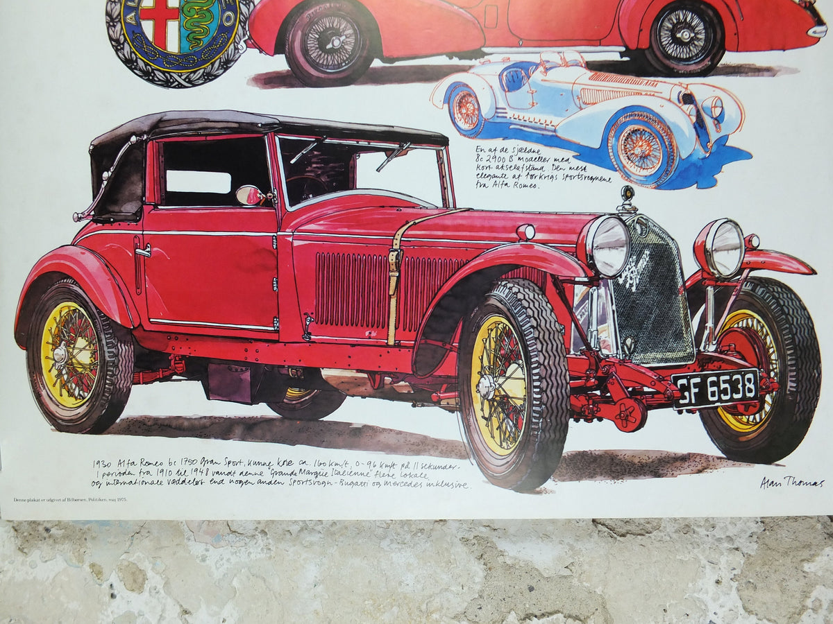 1975 Alfa Romeo Poster, Alfa 8e 2900 B model, by Alan Thomas, from Denmark, red convertable sports car, wall art decor