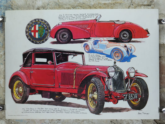 1975 Alfa Romeo Poster, Alfa 8e 2900 B model, by Alan Thomas, from Denmark, red convertable sports car, wall art decor