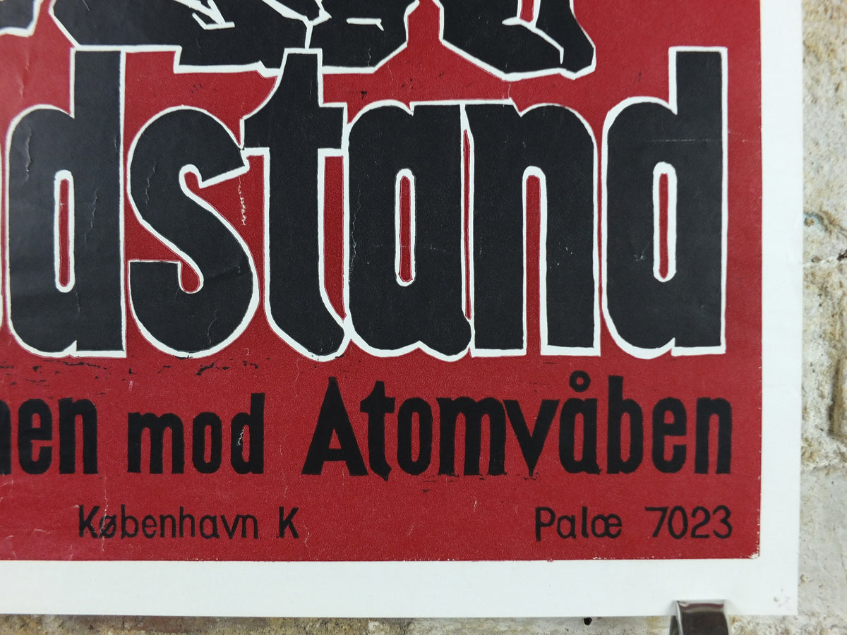 1960 Campaign Against Nuclear Weapons Poster, Danish design Peace activism, Kampagnen mod Atomvåben, ikke angst men modstand, wall art decor