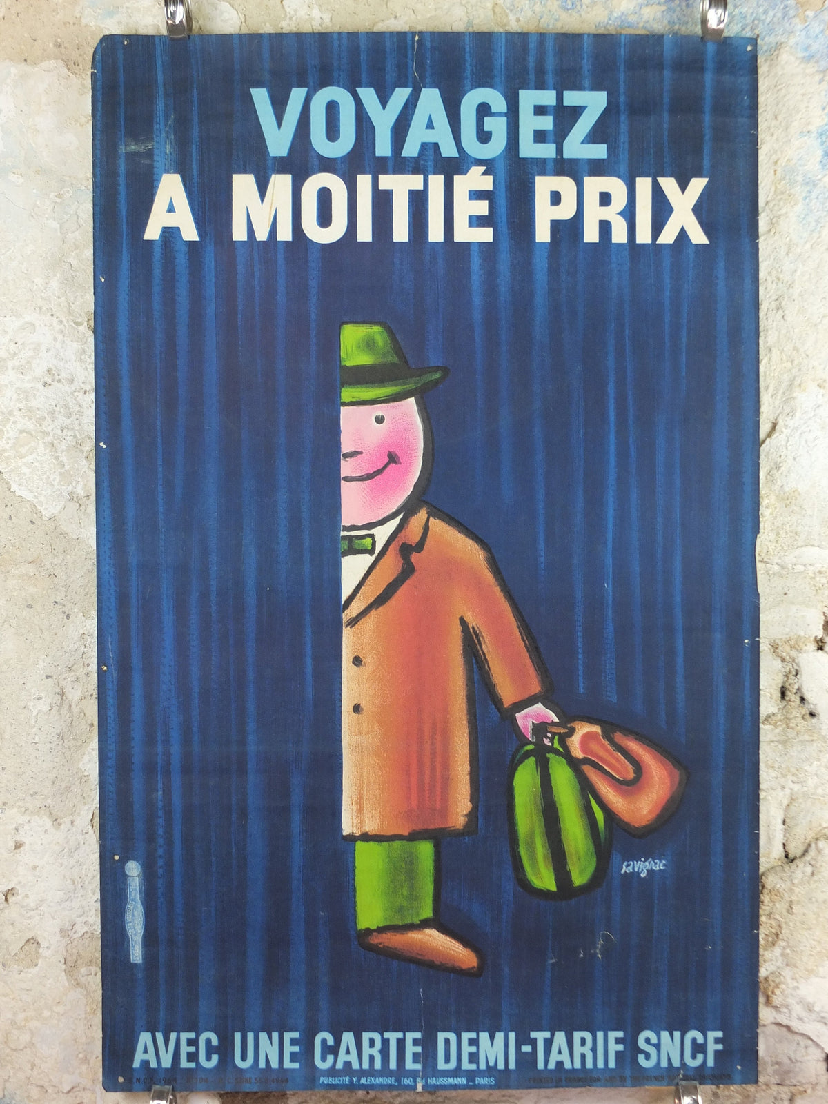 SNCF Savignac Poster, 1964 Original French National Railways, Half Price Fare Journeys, advertising wall art retro decor
