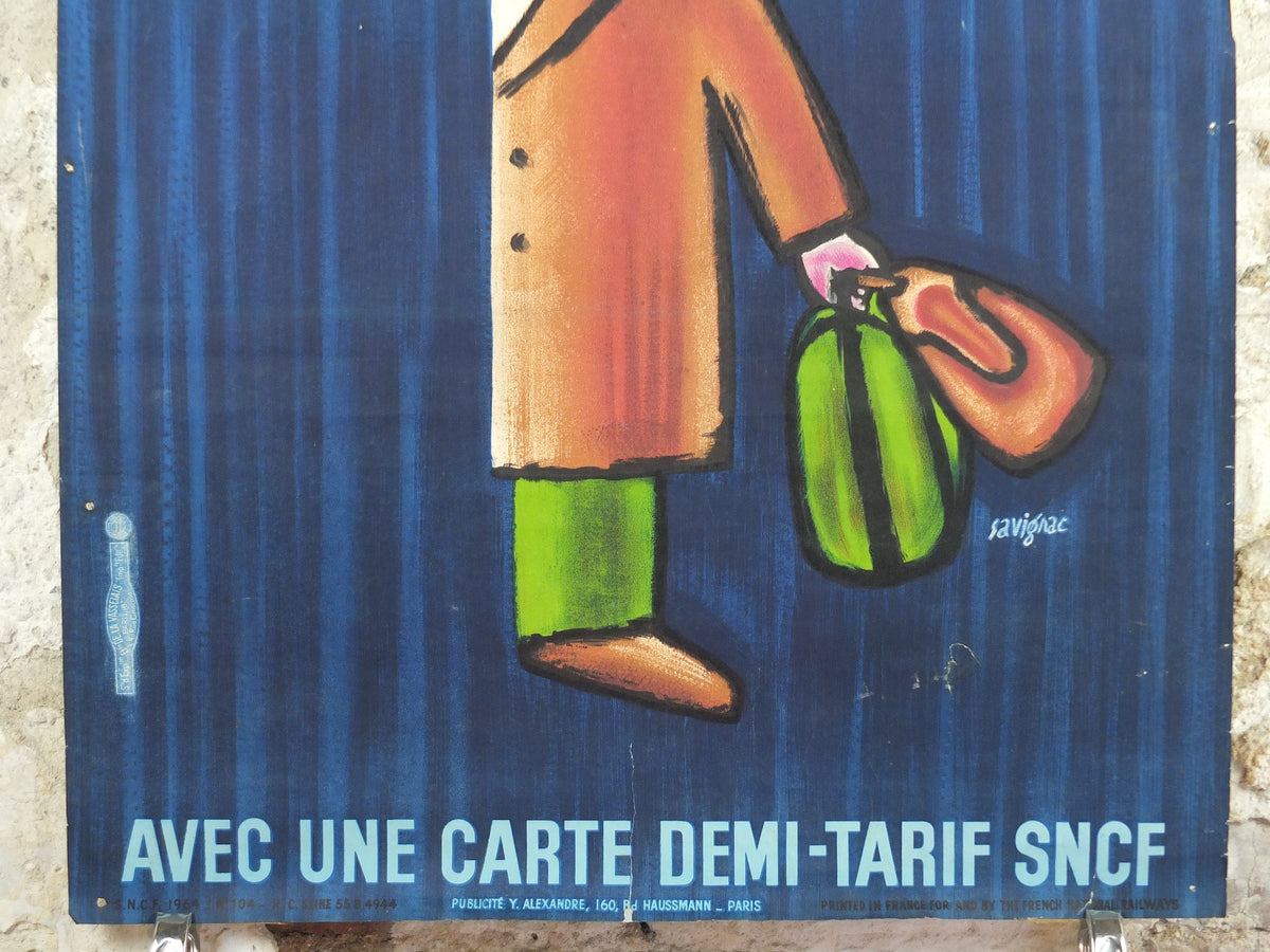 SNCF Savignac Poster, 1964 Original French National Railways, Half Price Fare Journeys, advertising wall art retro decor