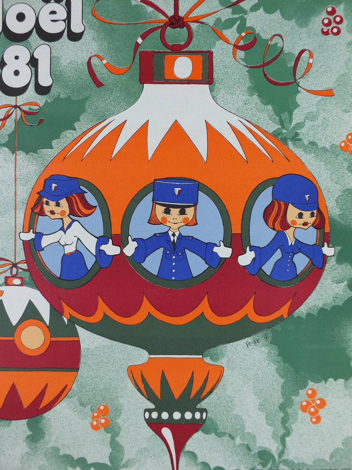 1981 Police Christmas Ball Poster, original French Jouets Noel 81, bauble decoration, by Y Peyre, Paris dance ballroom ball, wall art decor