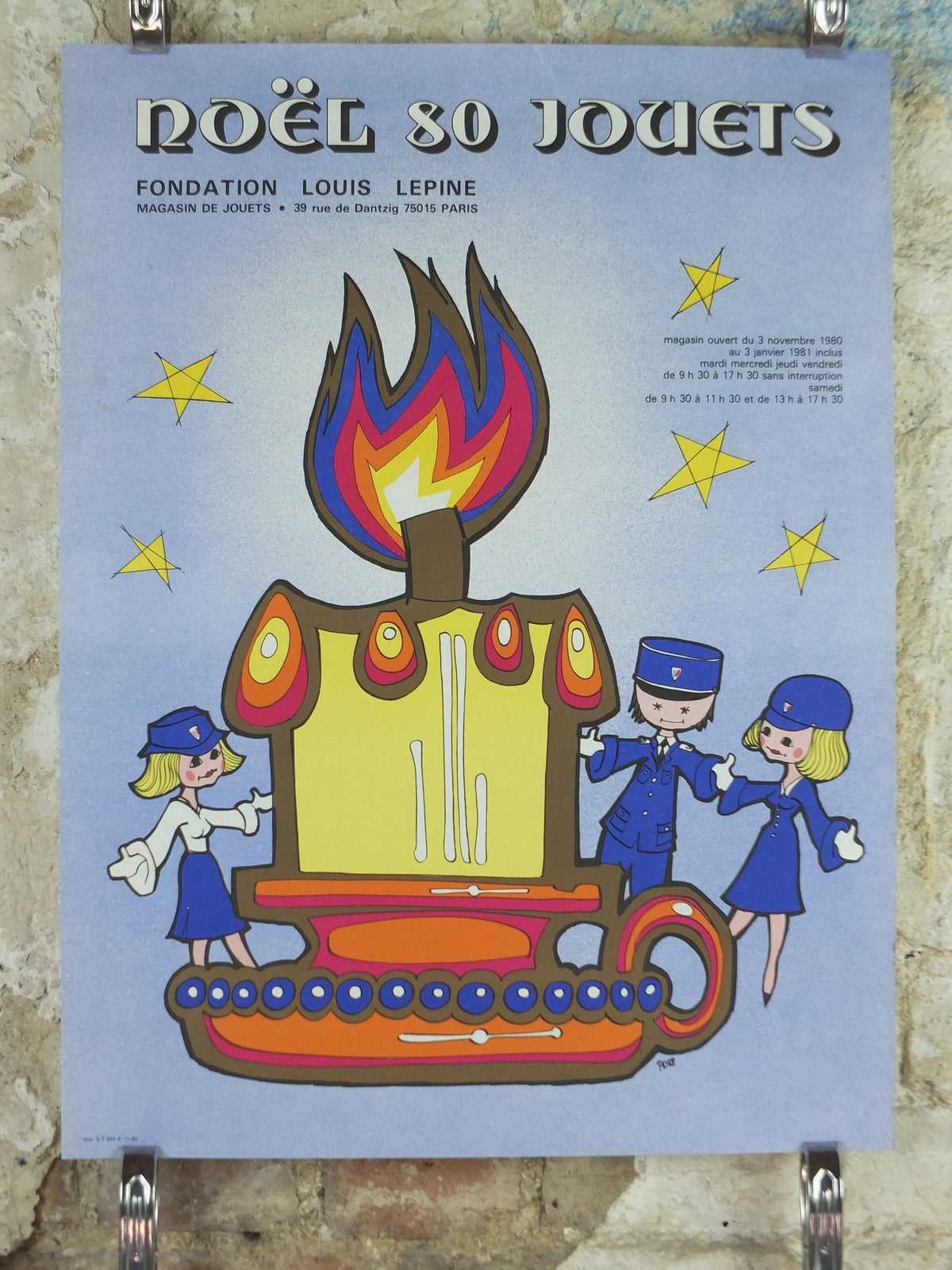 1980 Police Christmas Ball Poster, original French Jouets Noel 80, candle policewoman, by Y Peyre, Paris dance ballroom ball, wall art decor