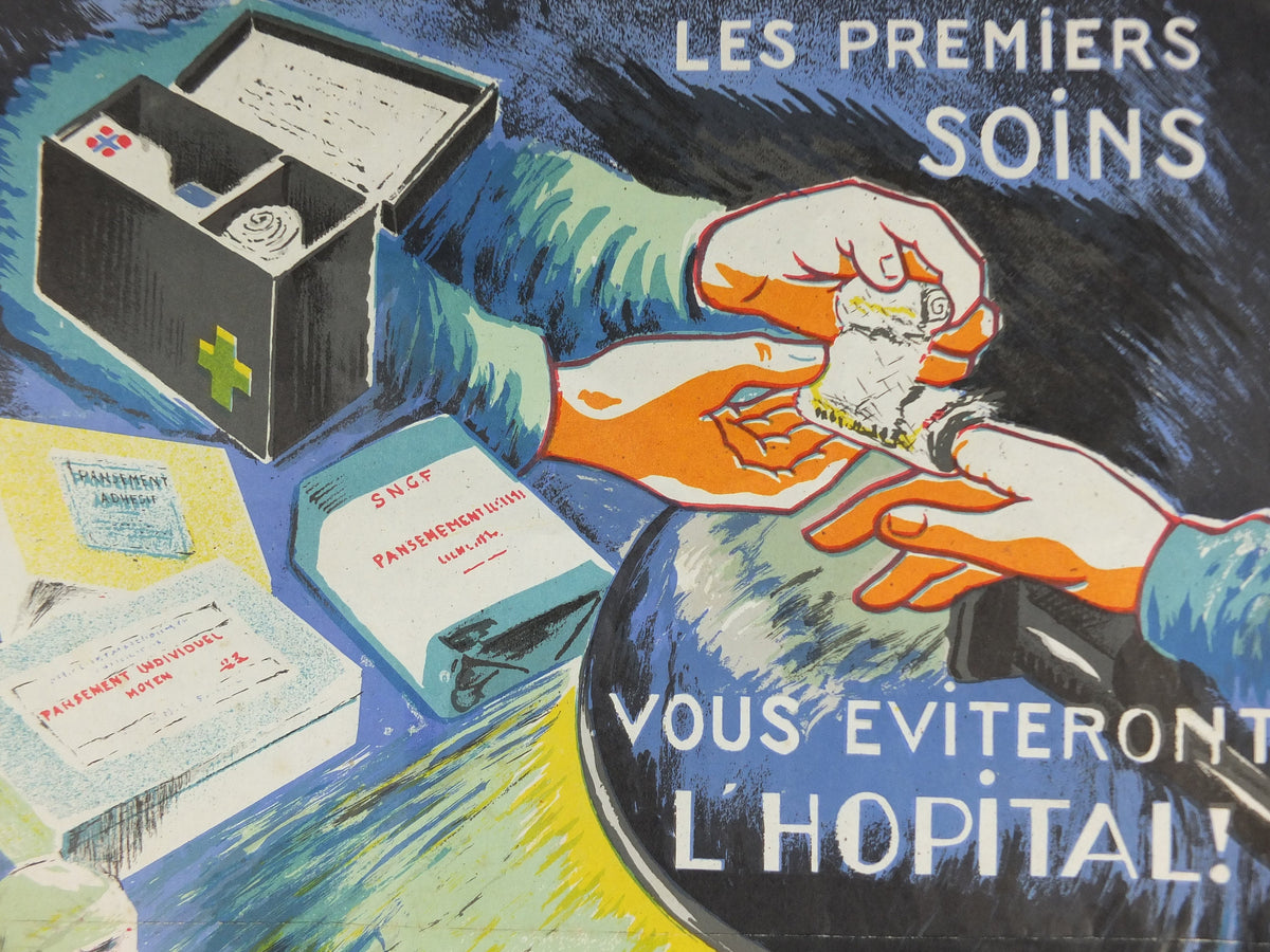 1950s Vintage First Aid French, bandages, theatre surgery, doctors, by Durupt, first aid kit, health dangers, retro wall art decor