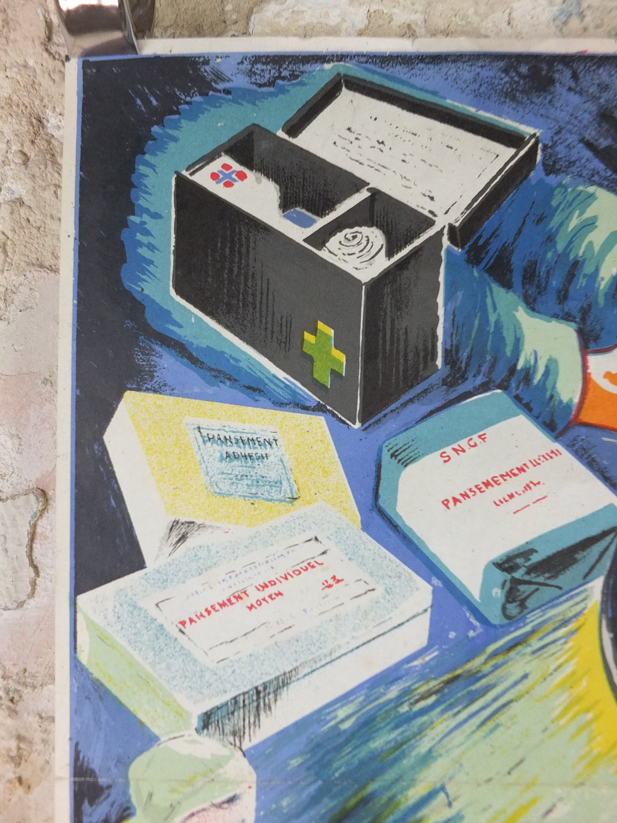 1950s Vintage First Aid French, bandages, theatre surgery, doctors, by Durupt, first aid kit, health dangers, retro wall art decor