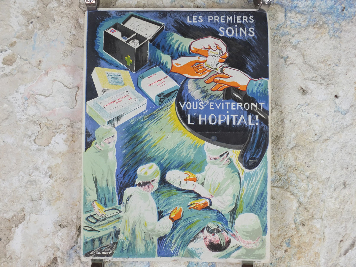 1950s Vintage First Aid French, bandages, theatre surgery, doctors, by Durupt, first aid kit, health dangers, retro wall art decor