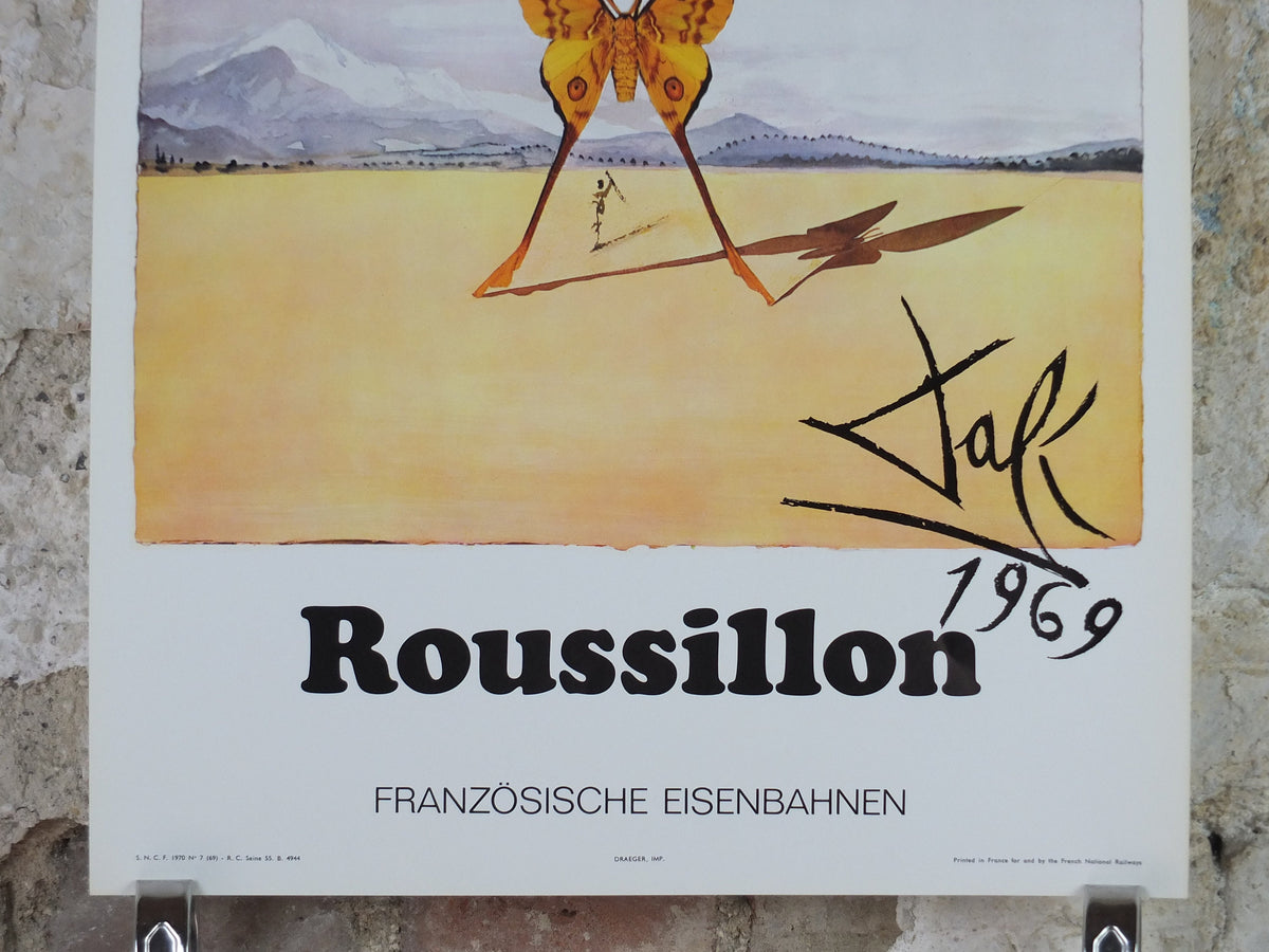 Vintage Dali Roussillon Poster, Salvador Dali, Butterflies, SNCF, travel tourism, 60cmx37cm, Chemins de fer Francais, wall art 1970s