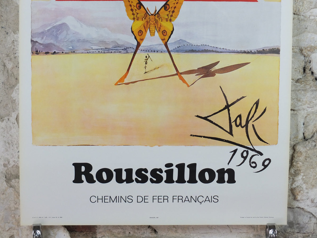 Vintage Dali Roussillon Poster, Salvador Dali, Butterflies, SNCF, travel tourism, 100cmx62cm, Chemins de fer Francais, wall art 1970s