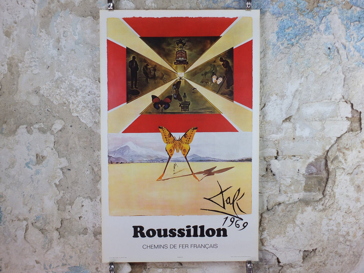 Vintage Dali Roussillon Poster, Salvador Dali, Butterflies, SNCF, travel tourism, 100cmx62cm, Chemins de fer Francais, wall art 1970s
