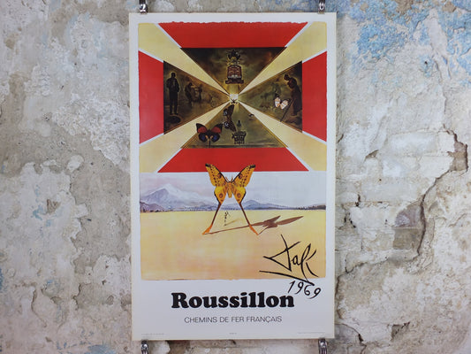 Vintage Dali Roussillon Poster, Salvador Dali, Butterflies, SNCF, travel tourism, 100cmx62cm, Chemins de fer Francais, wall art 1970s
