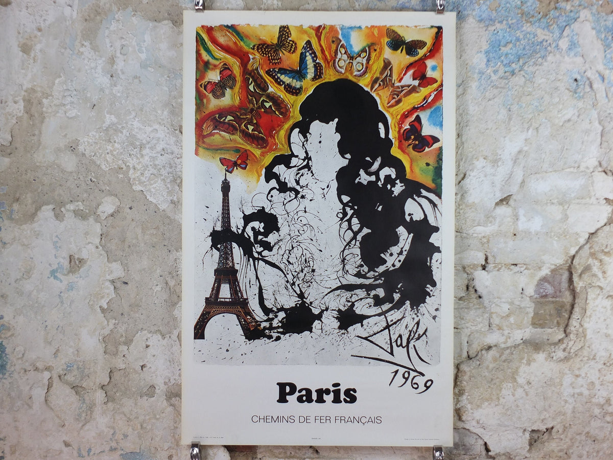 Vintage Dali Paris Poster, Salvador Dali, Butterflies, SNCF, travel tourism, 100cmx62cm, Chemins de fer Francais, wall art 1970s