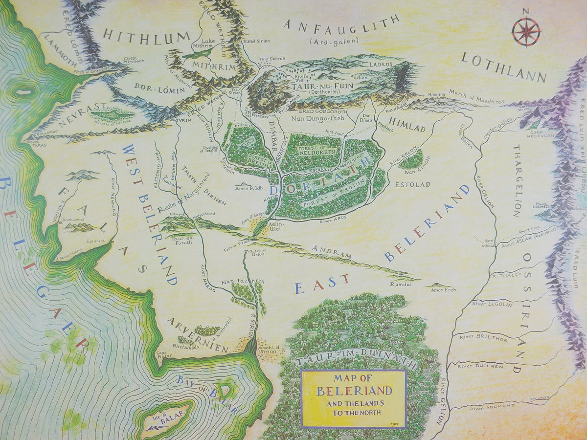 1979 Original Vintage J.R.R. Tolkien Map of Beleriand, Middle Earth Poster by Christopher Tolkien, Gondolin, fantasy fiction, wall art decor