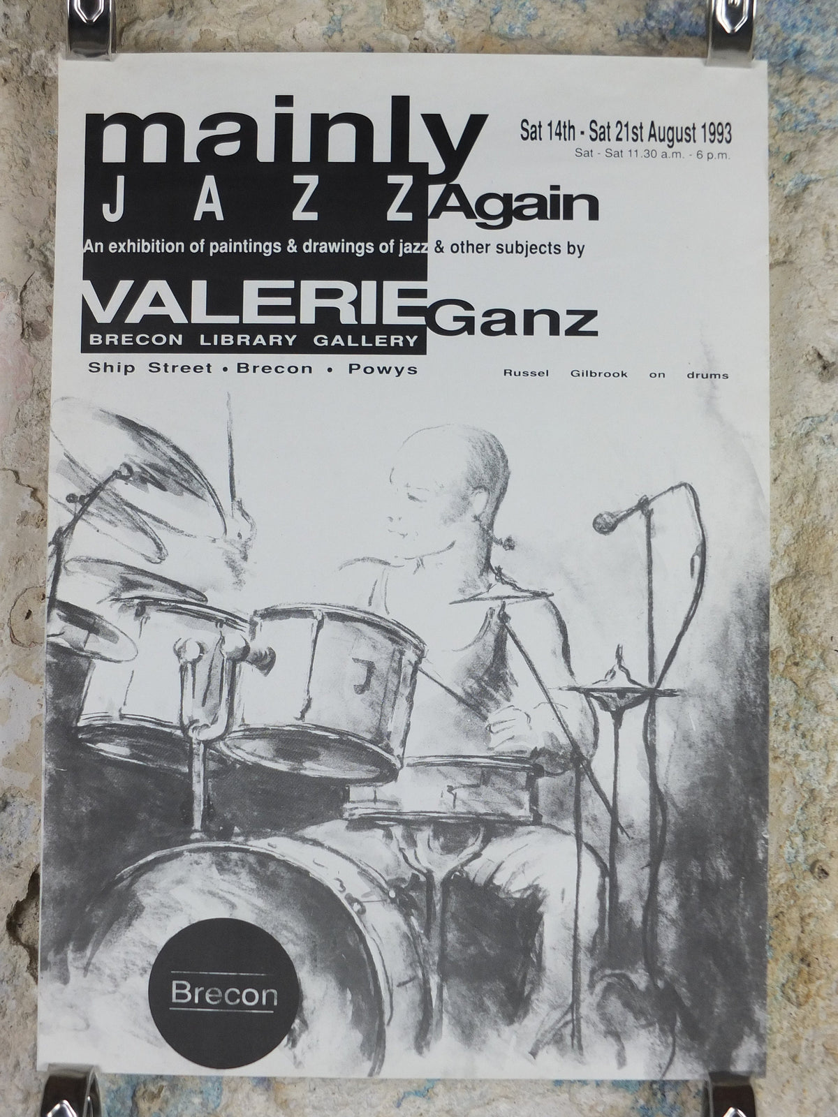 1993 Mainly Jazz Again Poster, Russel Gilbrook on drums, jazz music, by Valerie Ganz, at the Brecon Library Gallery, wall art decor
