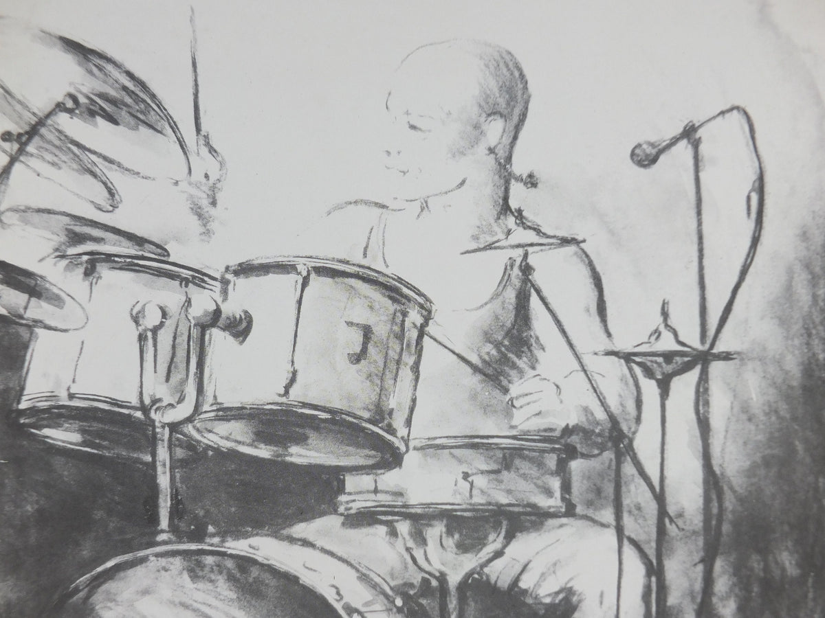 1993 Mainly Jazz Again Poster, Russel Gilbrook on drums, jazz music, by Valerie Ganz, at the Brecon Library Gallery, wall art decor