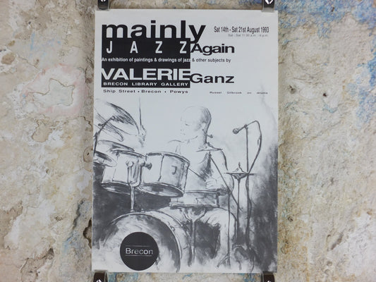 1993 Mainly Jazz Again Poster, Russel Gilbrook on drums, jazz music, by Valerie Ganz, at the Brecon Library Gallery, wall art decor