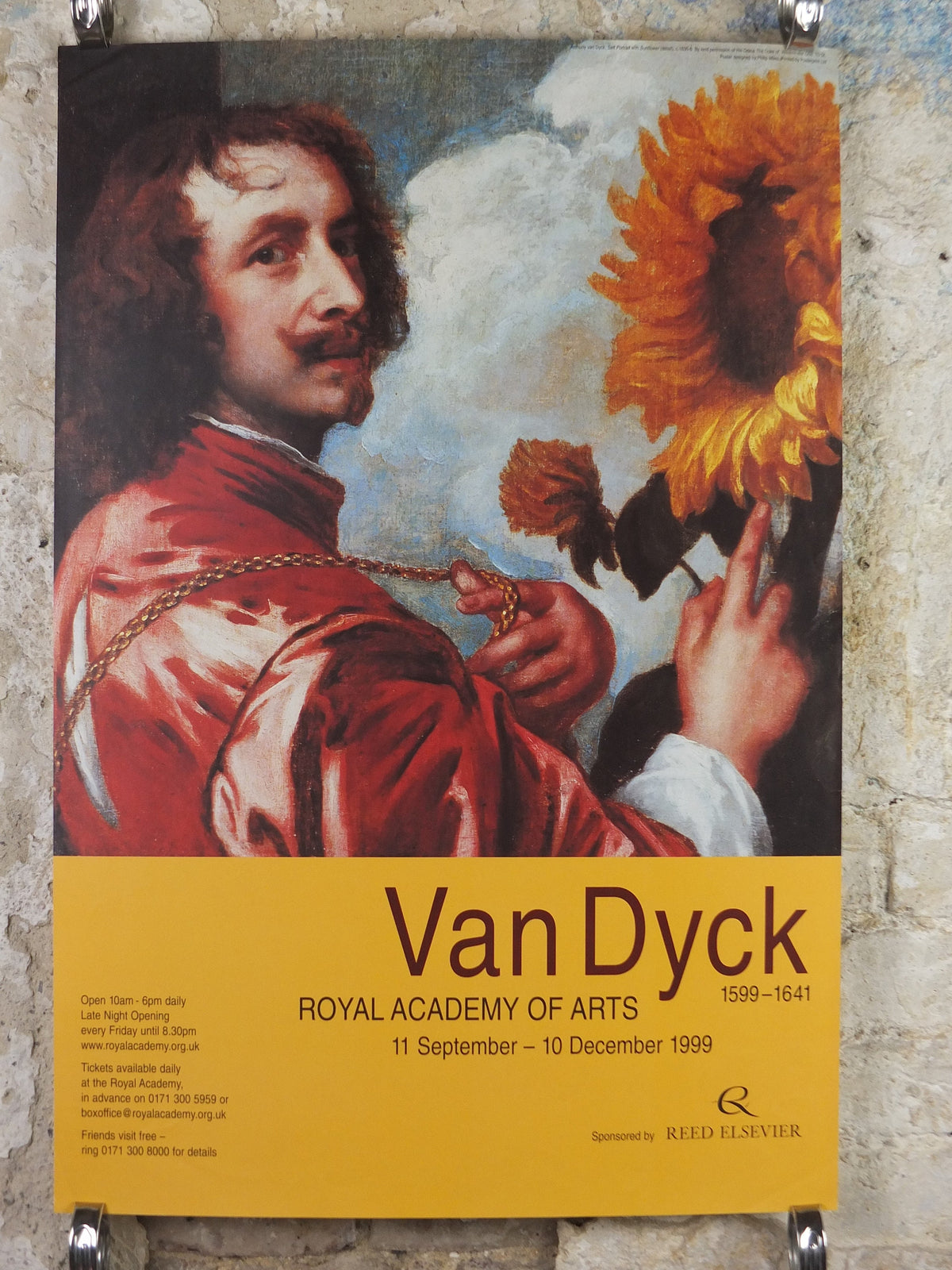 1999 Van Dyck Poster, Self Portrait with Sunflower 1635, Royal Academy of Arts, artist gallery exhibition, wall art decor