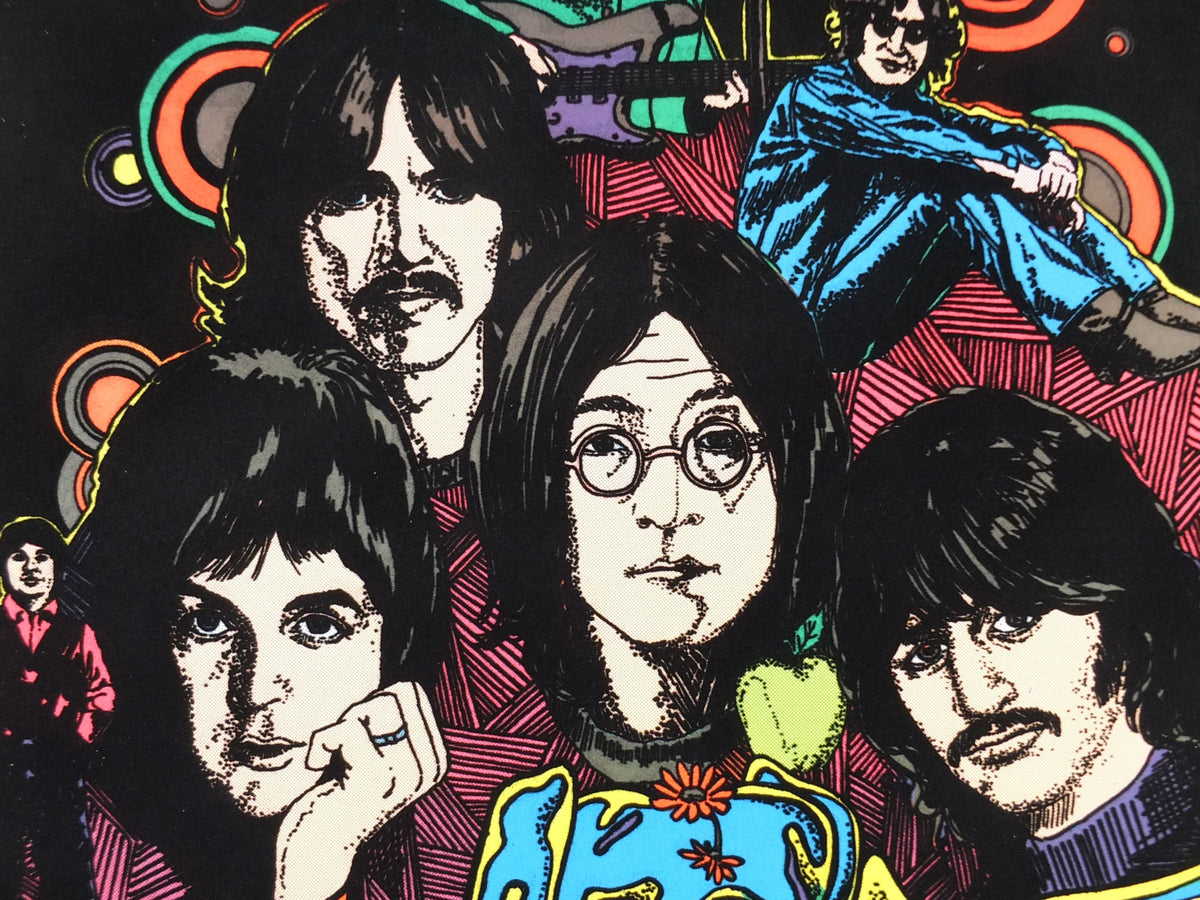 1975 Beatles Poster, black light fluorescent in felt, colourful, psychedelic & groovy, Lennon Harrison McCartney Starr, music wall art decor