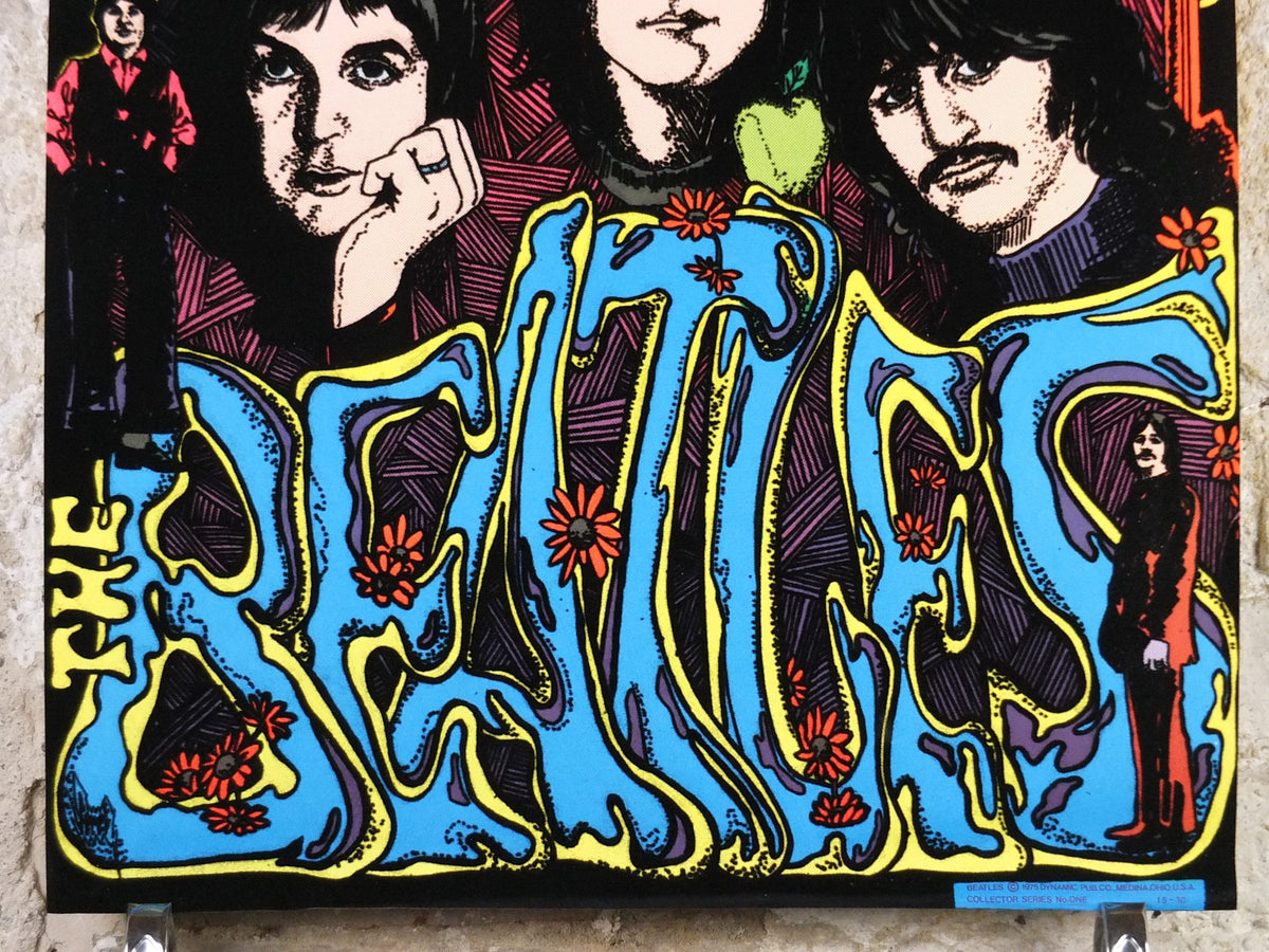 1975 Beatles Poster, black light fluorescent in felt, colourful, psychedelic & groovy, Lennon Harrison McCartney Starr, music wall art decor