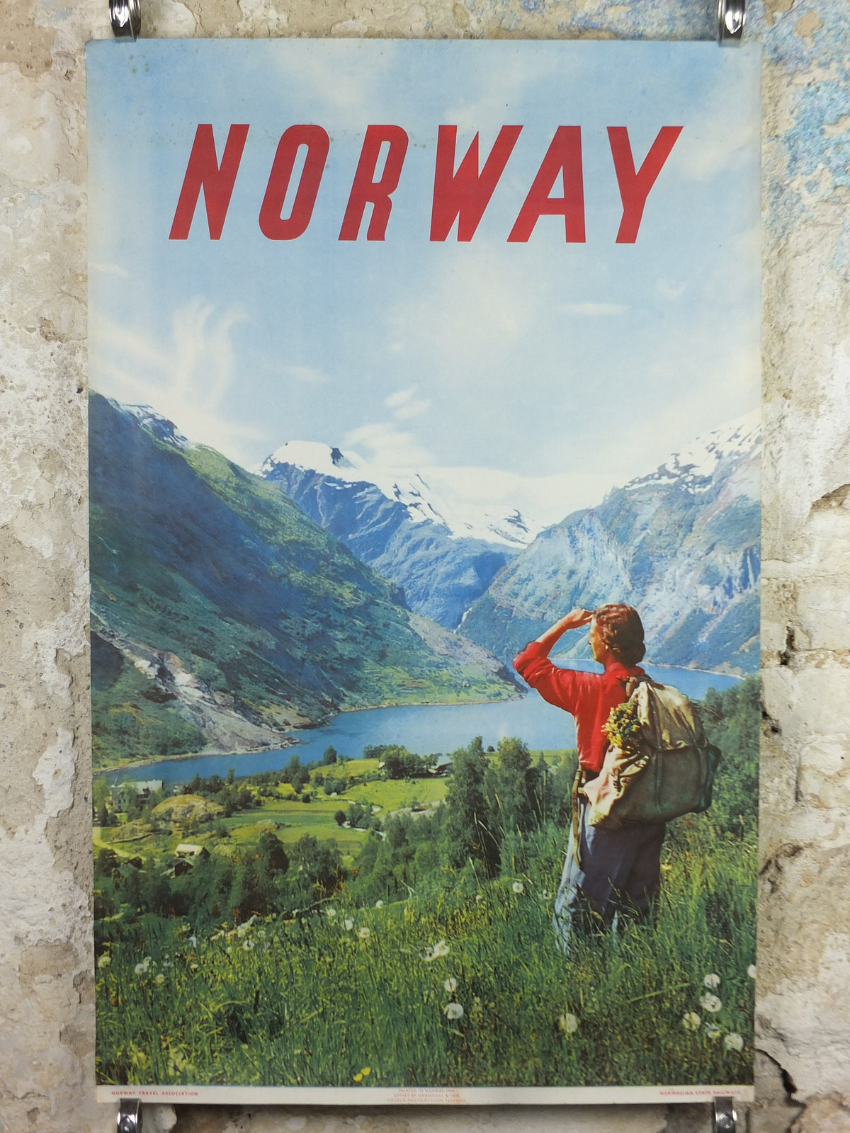 1956 Norway Travel Poster, Geiranger Fjord, Norway Travel Association & Norwegian State Railways, tourism vacation wall art decor