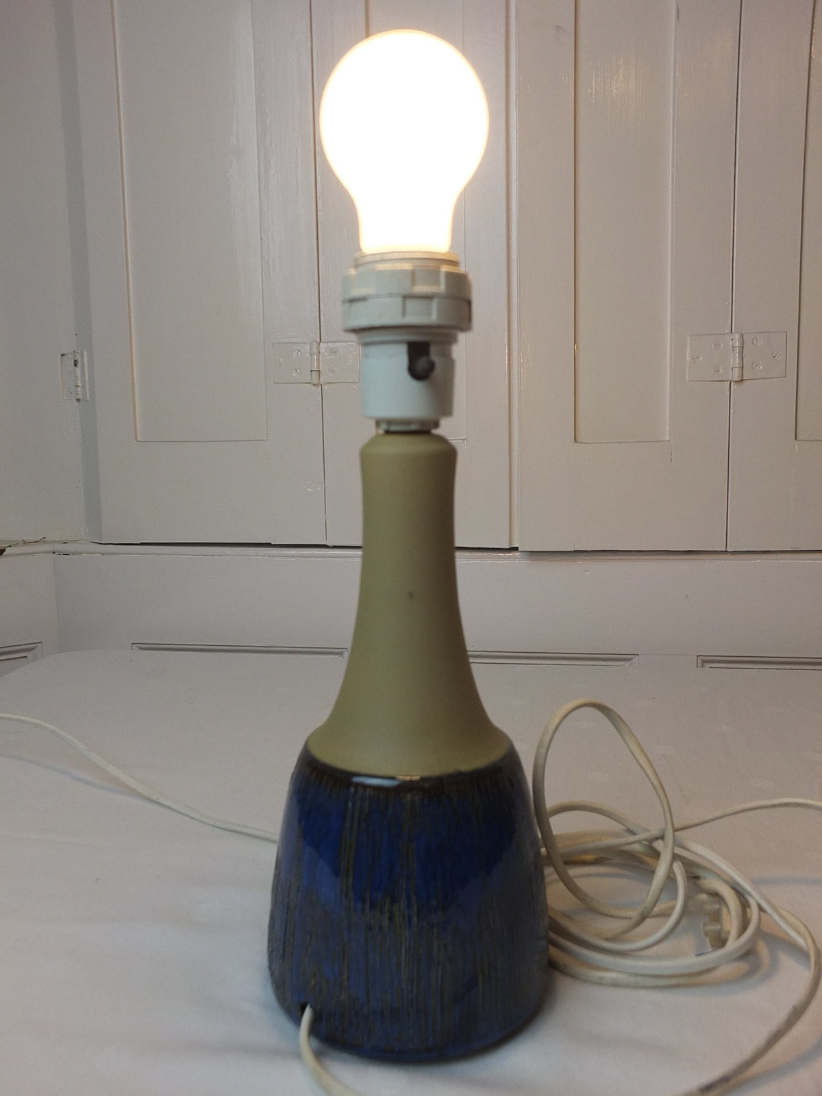 1960s Søholm Blue Lines Danish Lamp, Stentoj Bornholm, 1040, Scandinavian Design, lighting, earthy pottery ceramic, table or desk lamp