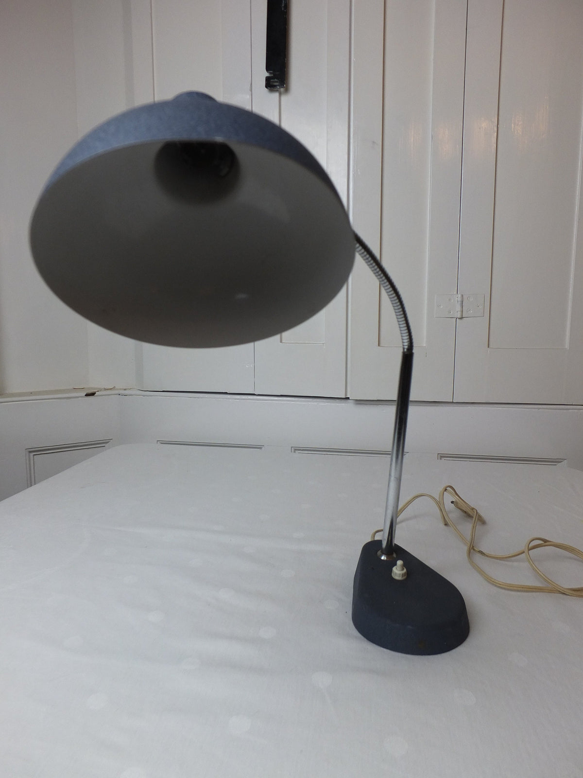 1950s Aluminor Nice French Lamp, blue gray, gooseneck lighting, chrome rod with flexible arm, table or desk lamp