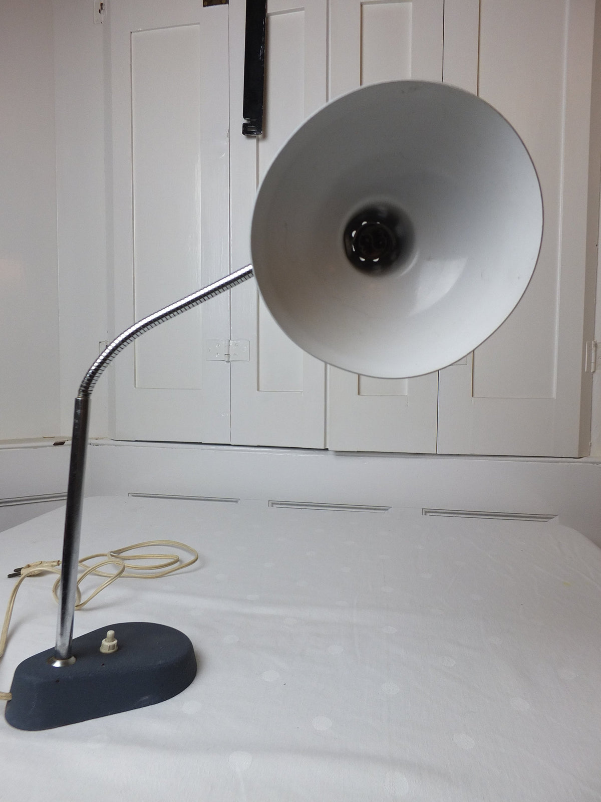 1950s Aluminor Nice French Lamp, blue gray, gooseneck lighting, chrome rod with flexible arm, table or desk lamp
