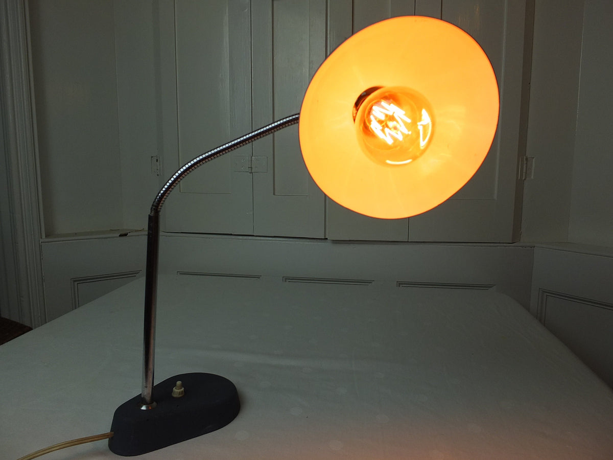1950s Aluminor Nice French Lamp, blue gray, gooseneck lighting, chrome rod with flexible arm, table or desk lamp