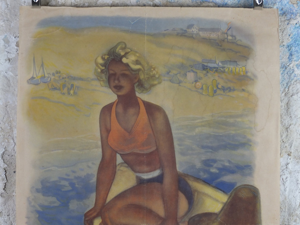 1950 Original Holland Travel Poster, Fisherman with his daughter, Les Pays Bas, The Netherlands, travel holiday vacation wall art decor