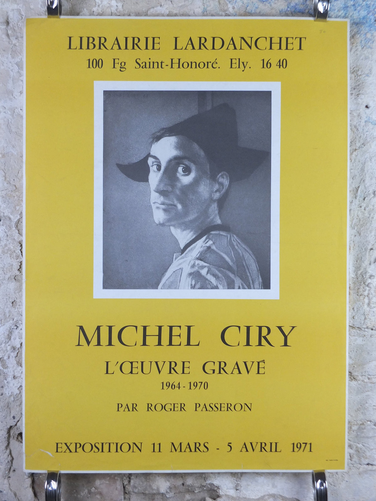 1971 Michel Ciry Poster, Harlequin, 1964-1970 Engravings and works of art, Arlequin, Yellow, artist gallery exhibition, wall art decor