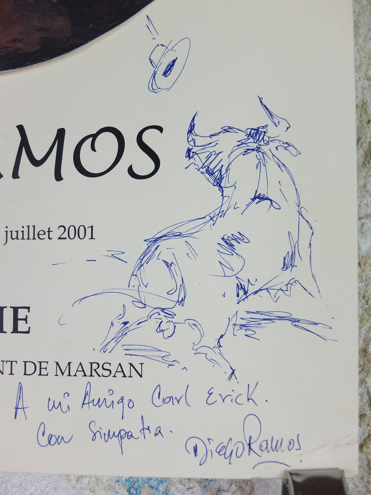 2001 Diego Ramos Poster, emotive dance with guitar, signed with drawing of a bull for Carl Erick , artist gallery exhibition, wall art decor