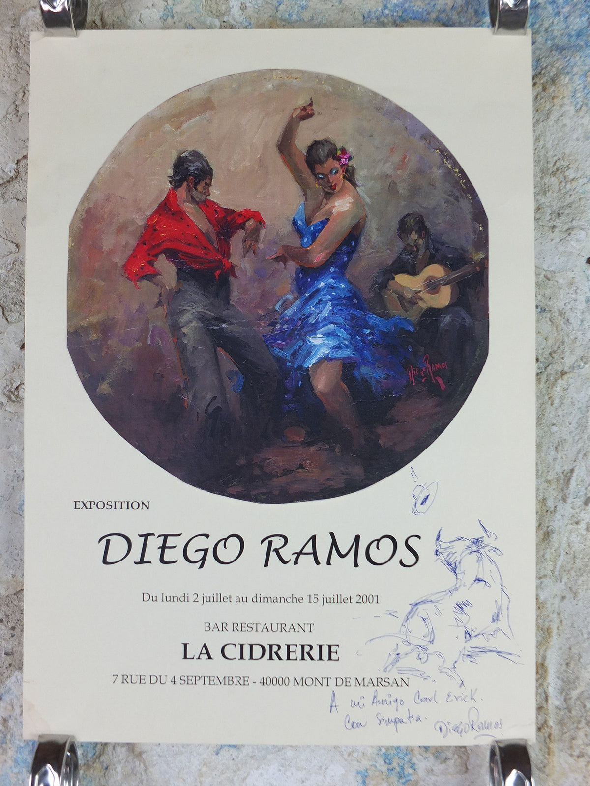 2001 Diego Ramos Poster, emotive dance with guitar, signed with drawing of a bull for Carl Erick , artist gallery exhibition, wall art decor