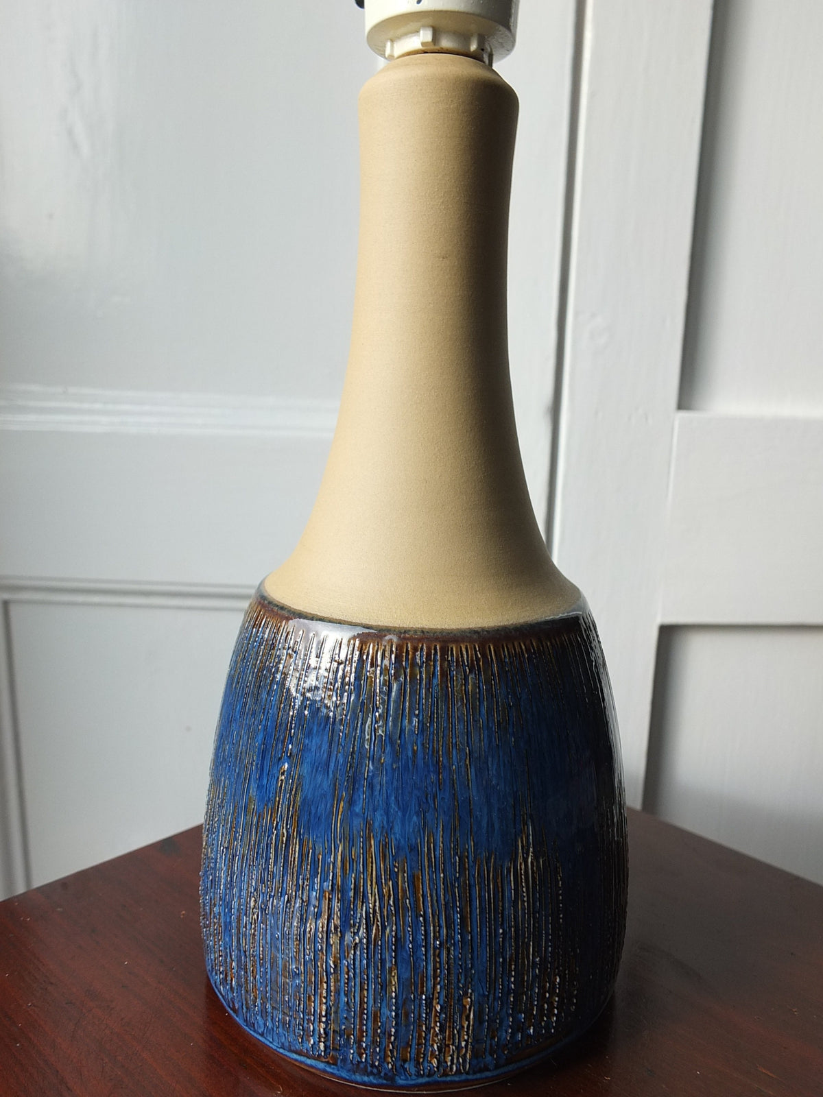 1960s Søholm Blue Lines Danish Lamp, Stentoj Bornholm, 1040, Scandinavian Design, lighting, earthy pottery ceramic, table or desk lamp