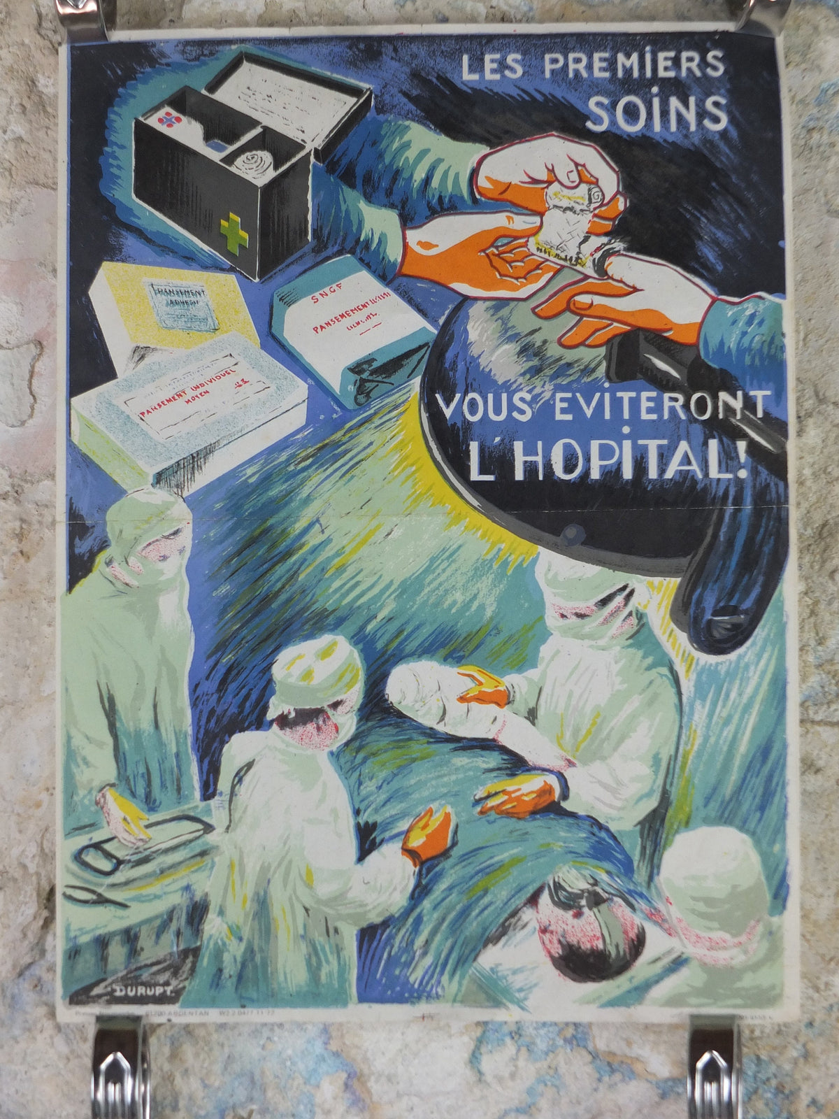 1950s Vintage First Aid French, bandages, theatre surgery, doctors, by Durupt, first aid kit, health dangers, retro wall art decor