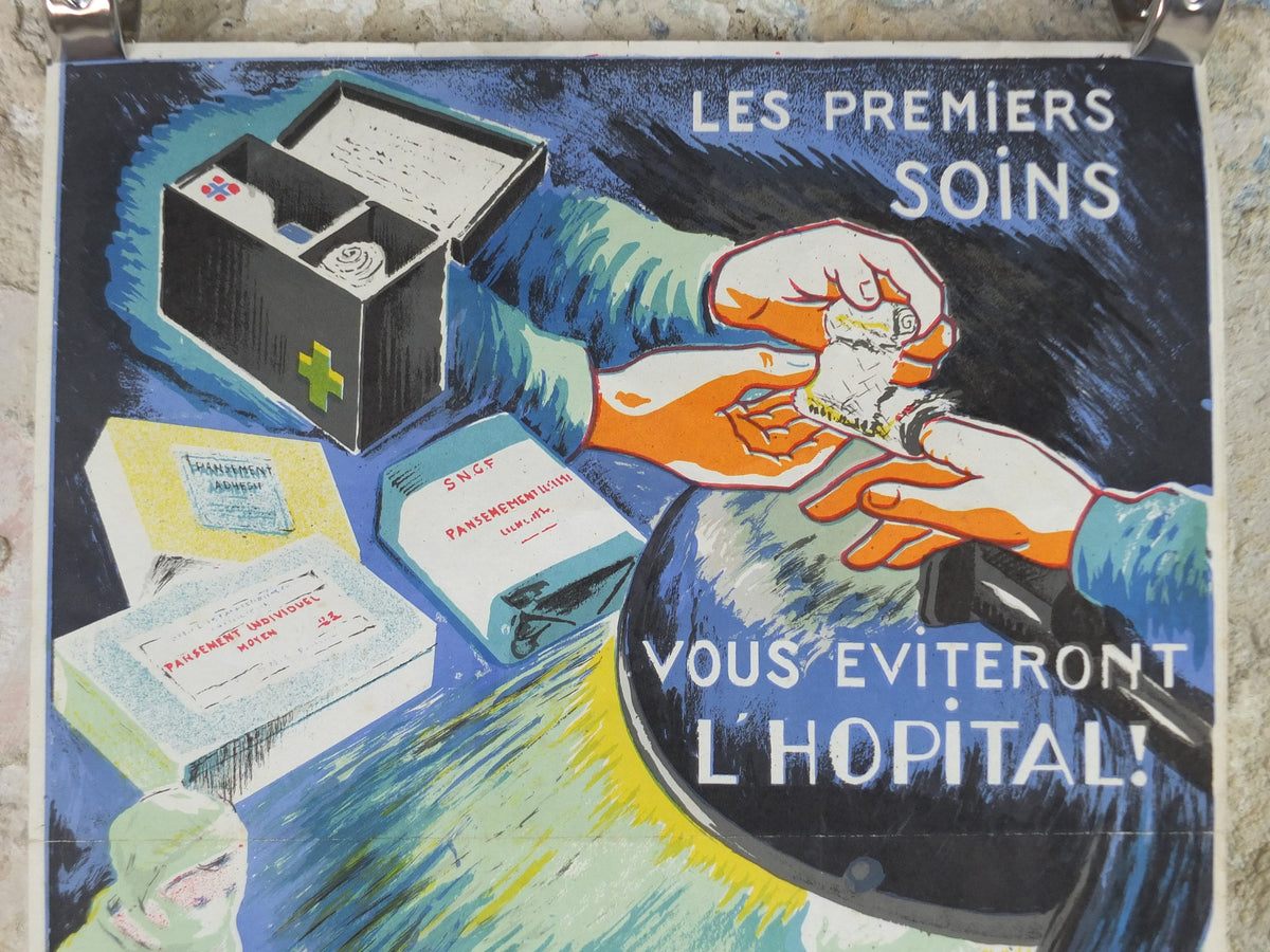 1950s Vintage First Aid French, bandages, theatre surgery, doctors, by Durupt, first aid kit, health dangers, retro wall art decor